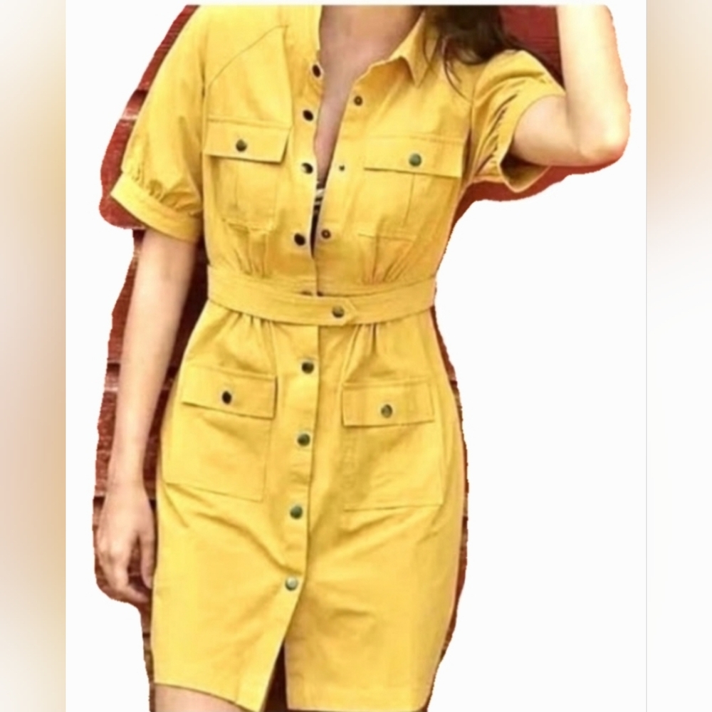 dRA LA ANTHROPOLOGY Yellow Utility Dress, Button Down, Puff Sleeves